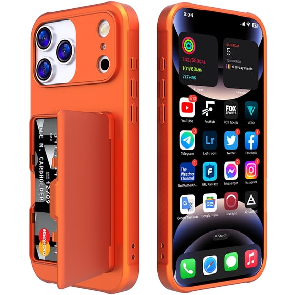 Allytechgroup Phone Case for Apple iPhone 17 Pro Max, Shockproof iPhone 17 Pro Max Case with Credit Card Slots, Hidden Makeup Mirror Stand Anti-Scratch Protection PC iPhone 17 Pro Max Cover, Orange