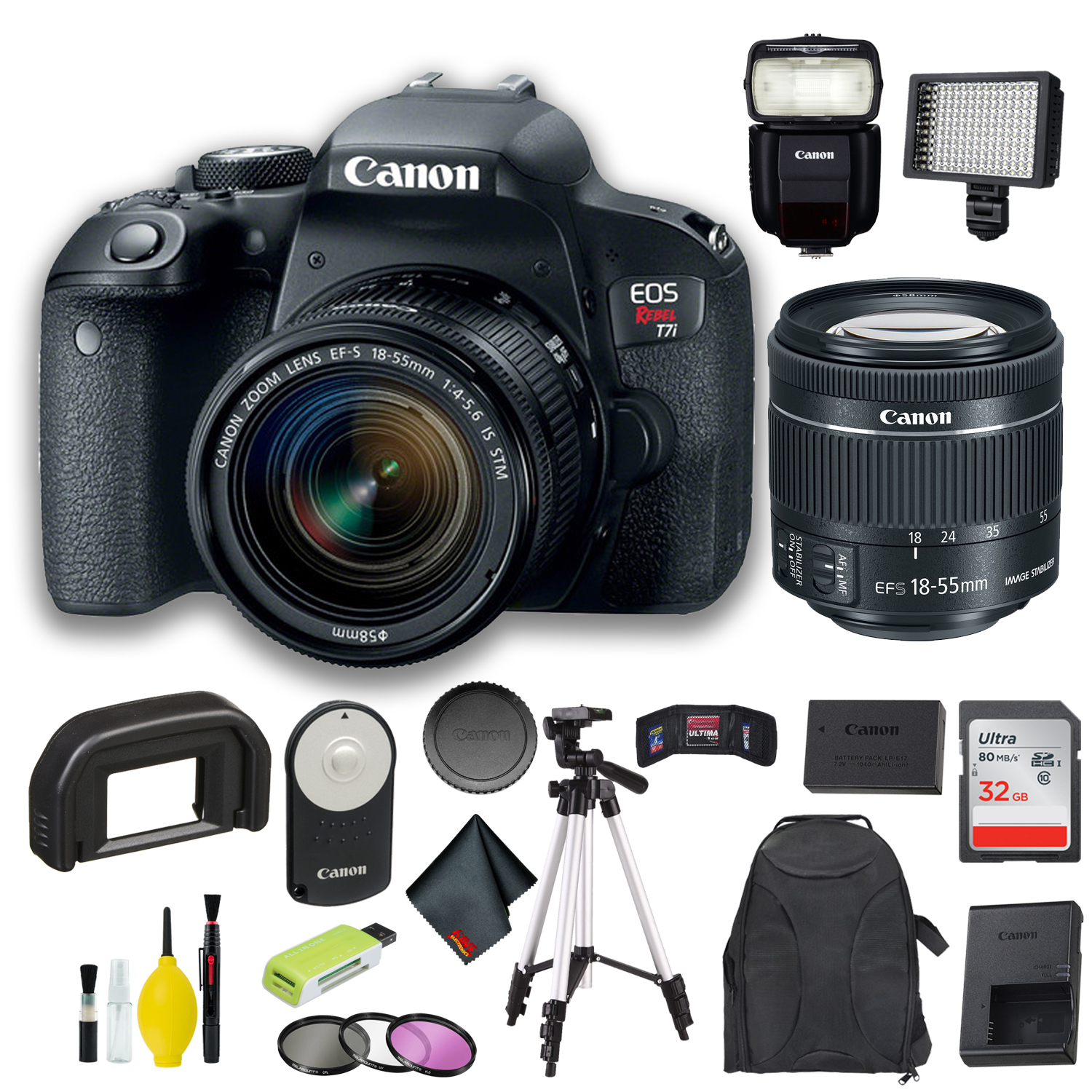 Canon EOS Rebel T7i DSLR Camera with 1855mm Lens + 32GB Memory + Flash