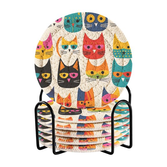 Heads Cats 6 Pcs Drink Coasters with Holder Absorbent Coasters Woven Coasters for Drinks Table Desk Protection Home Decor