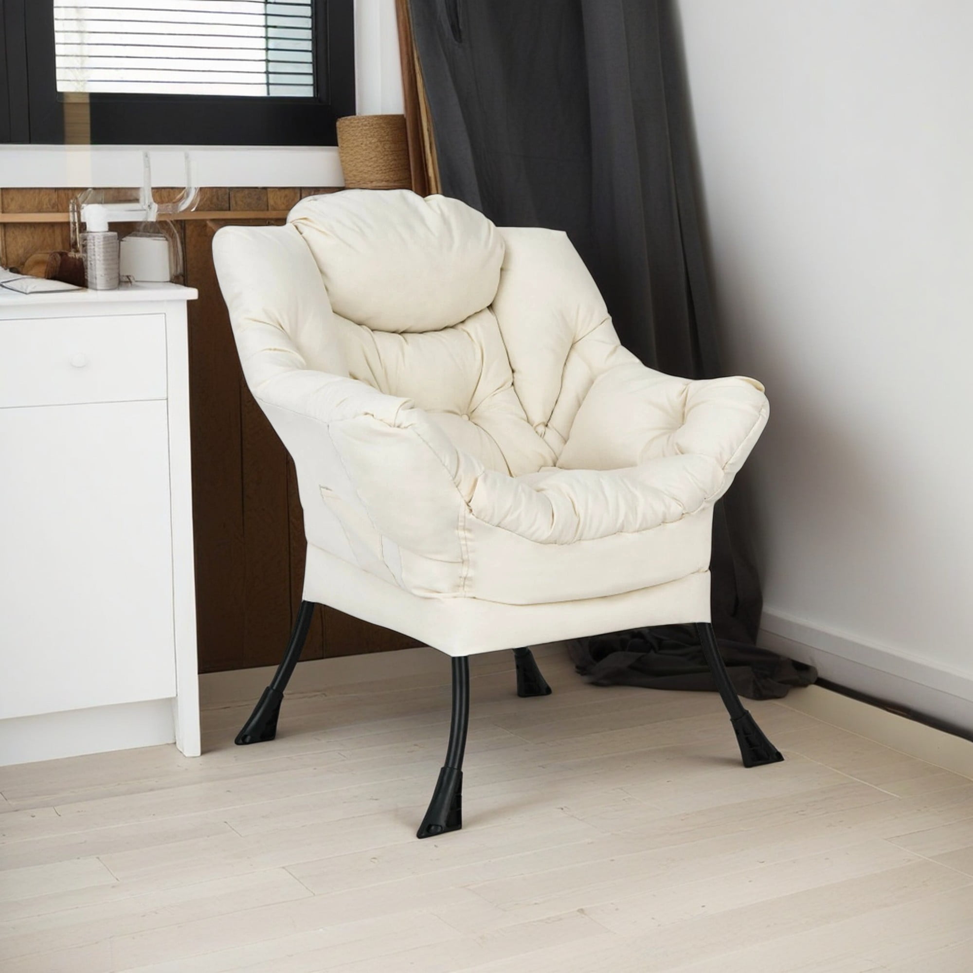 Demi Bonn Polyester Fabric Large Lazy Chair, Modern Accent Oversized Comfy Reading with Steel Frame and Side Pocket, for Living Room, Bedroom, Dorm, Beige