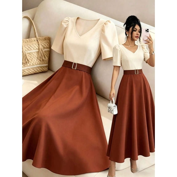 Women's V-Neck Ruffle Sleeve Midi Dress, Color Block Buckle Cinched Waist Elegant Dress for Office Brunch