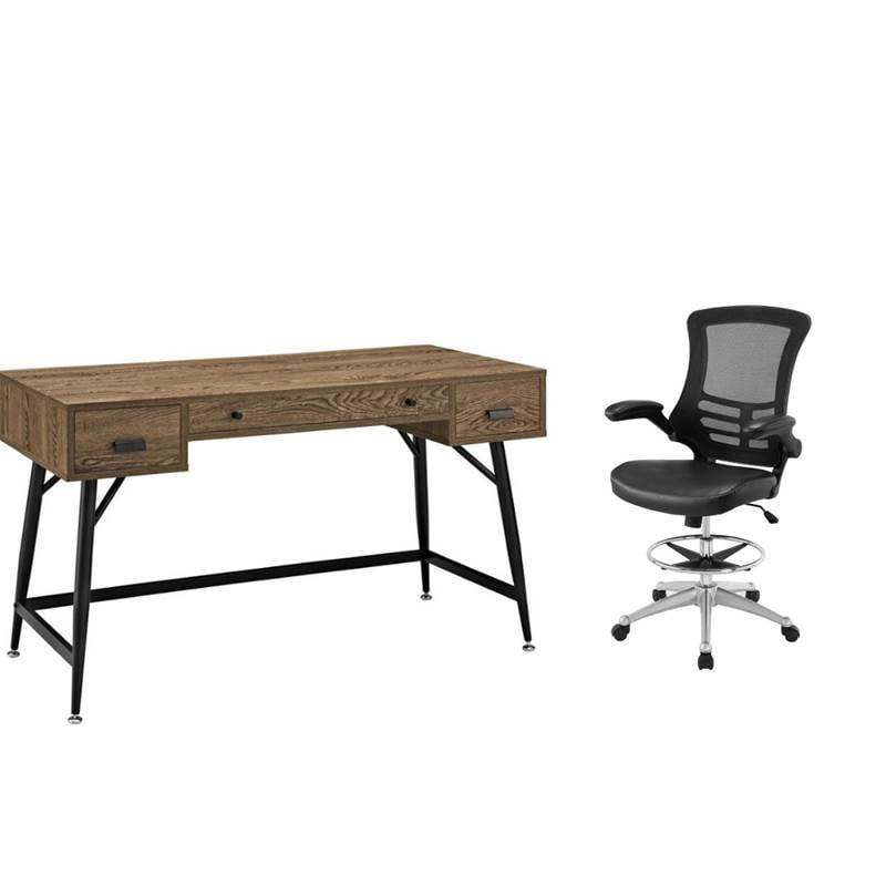 Office Set With Distressed Rustic Desk, Black Distressed Office Desktop