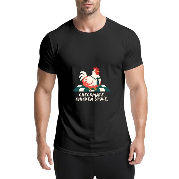 Black T Shirts for Men, Pixel Rooster, Checkmate Chicken Style Graphic Mens Graphic Tees, 25061569,S