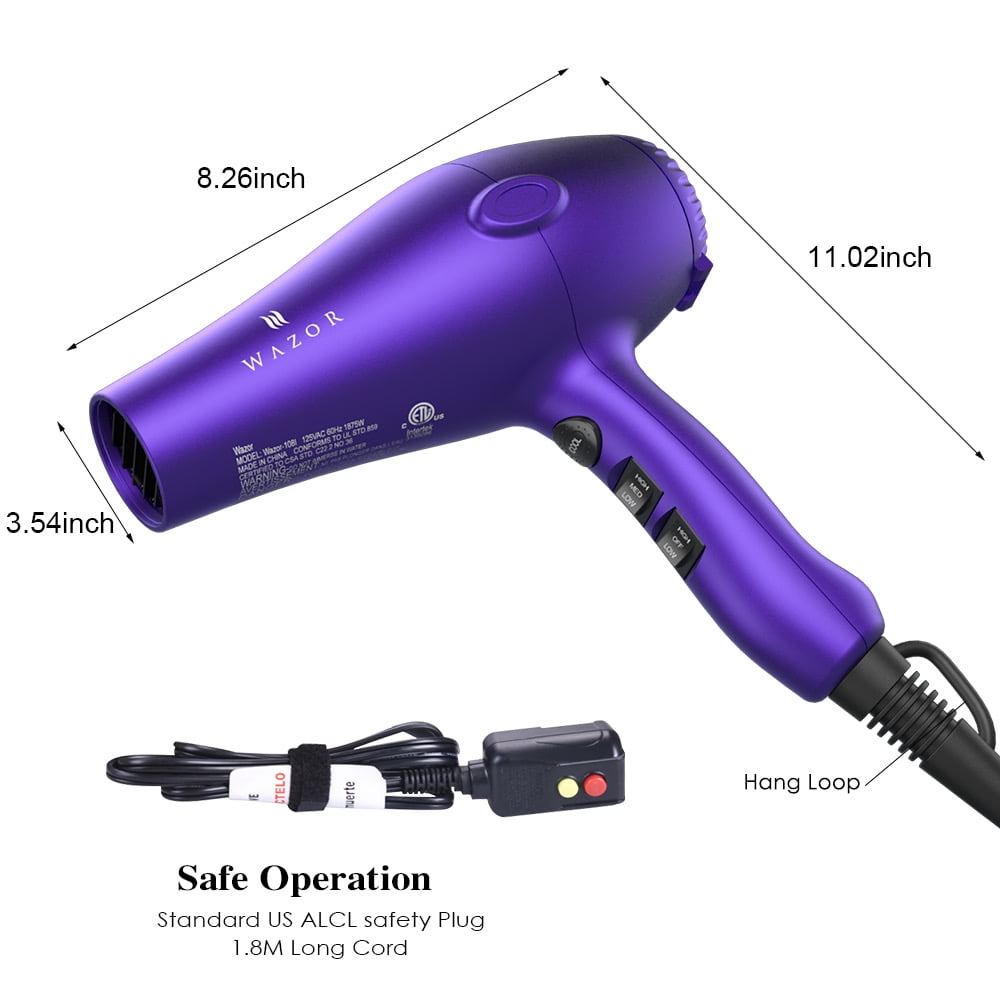 Pro Negative Ionic Hair Dryer with Diffuser, 1875W Lightweight Blow Dryer for Fast Drying, 2 Speed 3 Heat Settings, Purple Dryer