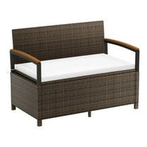 Spaco Outdoor Storage Bench Deck Box Patio Furniture with Cushion, Hand-Woven PE Rattan Storage Box for Outdoor, White