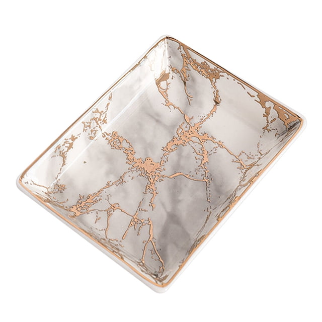 EeaseCA Ceramic Jewelry Tray Marble Vein Pattern Storage Plate Creative Jewelry Display Plate Golden Size S (Golden Vein)