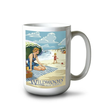 

15 fl oz Ceramic Mug Wildwood New Jersey Woman on the Beach Dishwasher & Microwave Safe