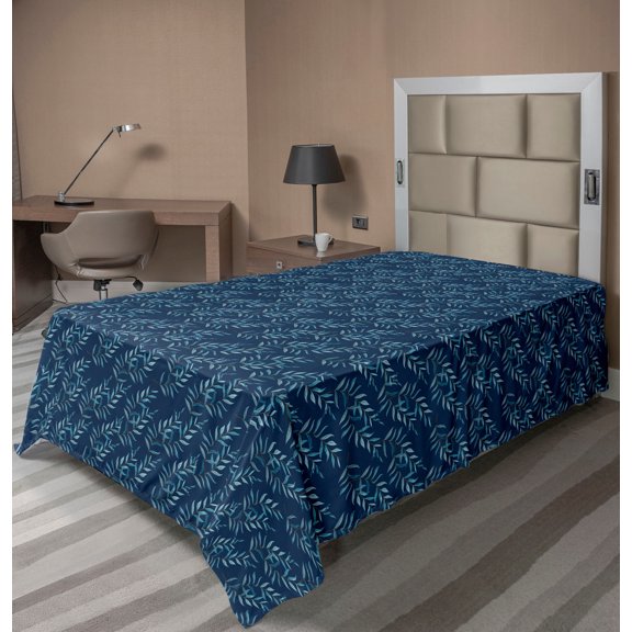Ambesonne Floral Flat Bedding Sheet Soft Top Sheet, Branches of Leaves Oceanic, Twin XL, Teal Aqua and Night Blue