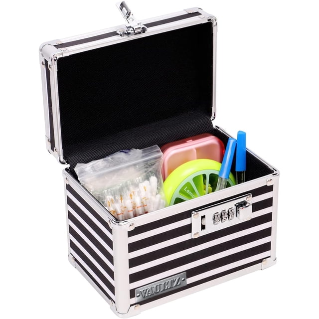 Vaultz Medicine Storage Box w/Combination Lock - 4 x 6 x 4 Inches Cabinet Safe, Black & White Stripes