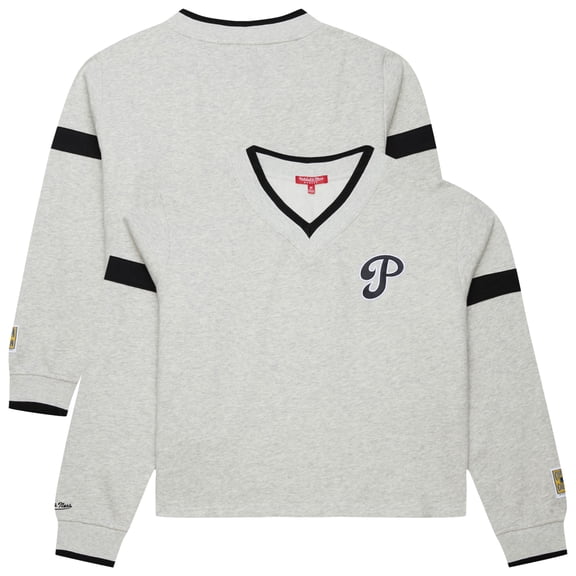 Women's Mitchell & Ness Heather Gray Philadelphia Phillies Cooperstown Collection V-Neck Cropped Toggle Sweatshirt