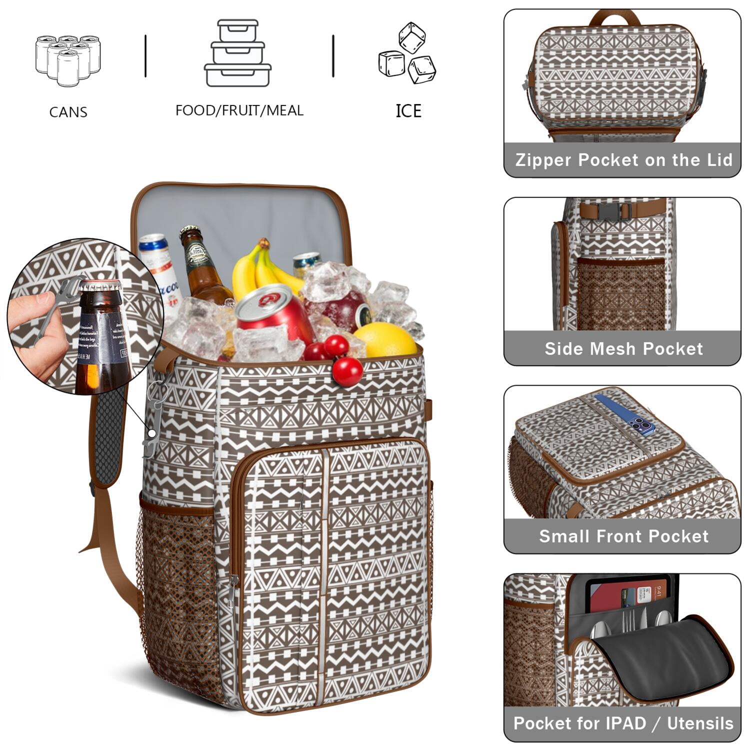 Travel Cooler Bag - Boho Bohemia Pioneer Flower Geometric Line Art Camping Beer Cooler Backpack with Bottle Opener- Waterproof Insulated Picnic Backpacks - Cooler Bag for Beach