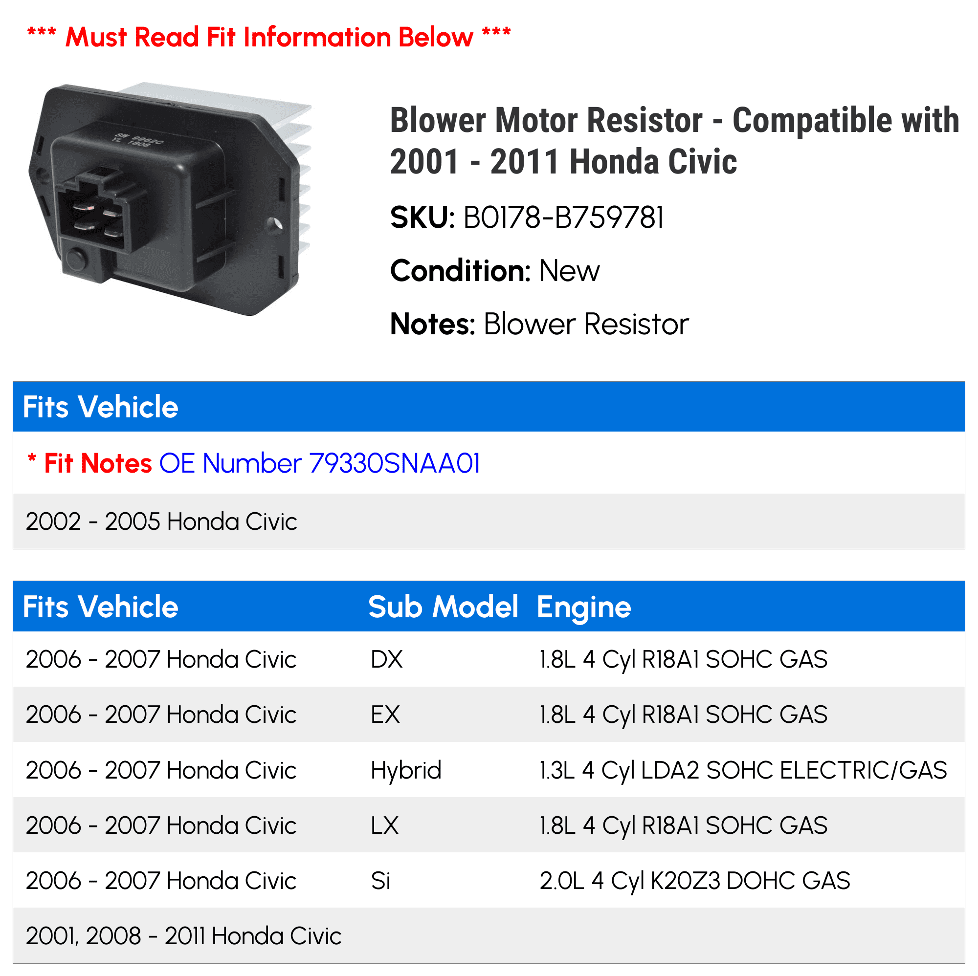 Blower Motor Resistor Compatible with 2001 2011 Honda Civic