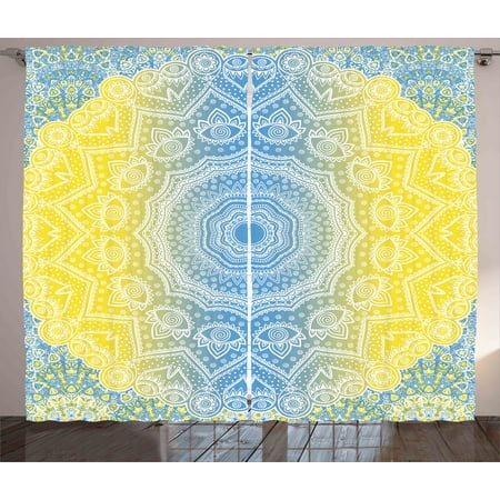 Blue And Yellow Curtains 2 Panels Set Ombre Mandala Design Tribal