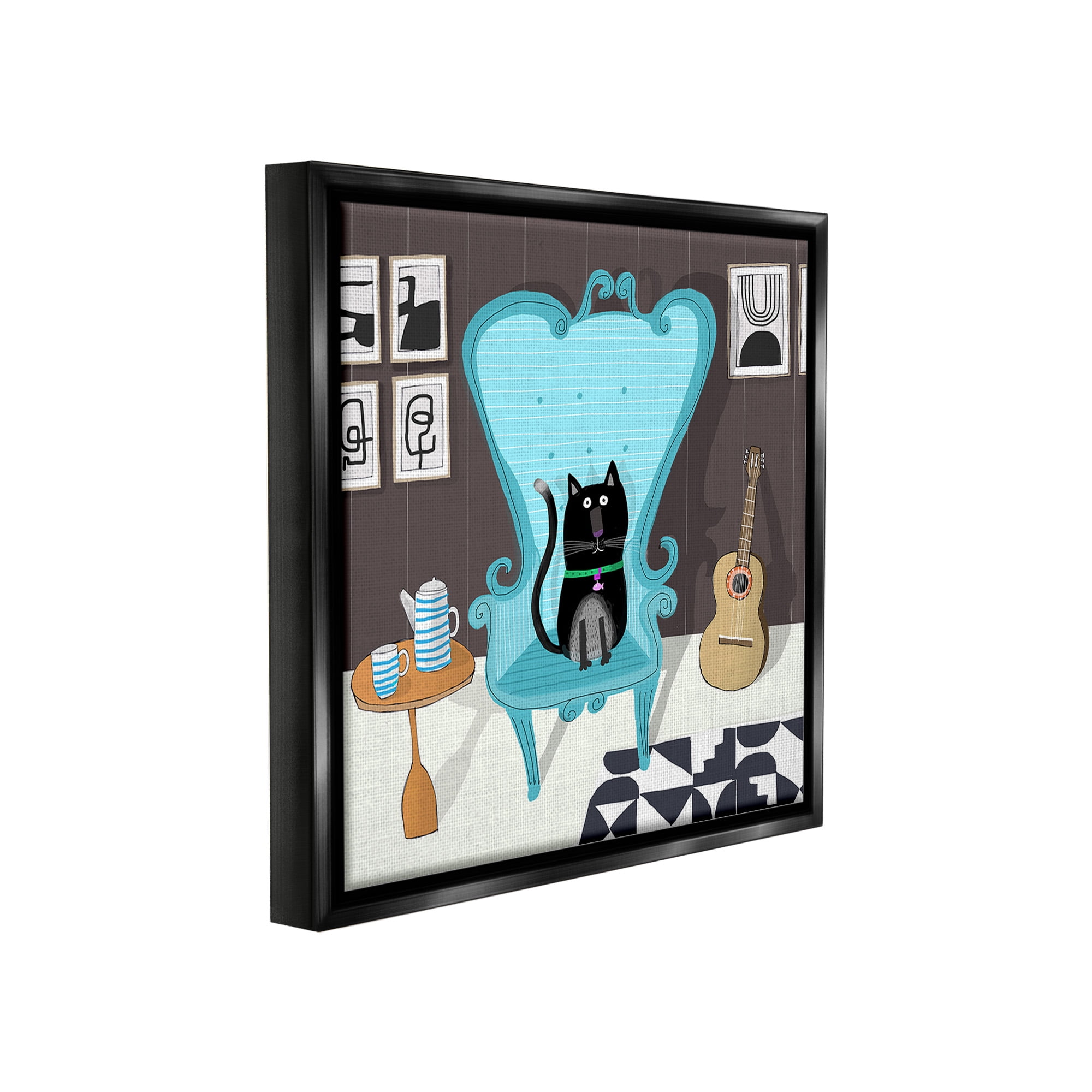 Stupell Industries Cat in Modern Room Animals & Insects Painting Black Floater Framed Canvas Art Print Wall Art, 25 x 25
