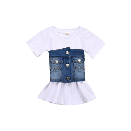 

One opening Baby Short Sleeve Loose Girl Dress Denim Chest Pocket Wrapped Vest