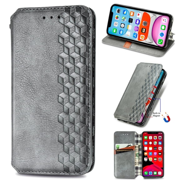 iPhone Xr Case PU Leather TPU Wallet Cover with Card Holder Kickstand Hidden Magnetic Adsorption Shockproof Flip Folio Cell Phone Case for Apple iPhone XR 6.1 inch, Gray