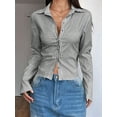thumbnail image 3 of Women's Striped Button Down Crop Shirt Long Sleeve Fitted Blouse Work Shirt Top Grey XXL, 3 of 8