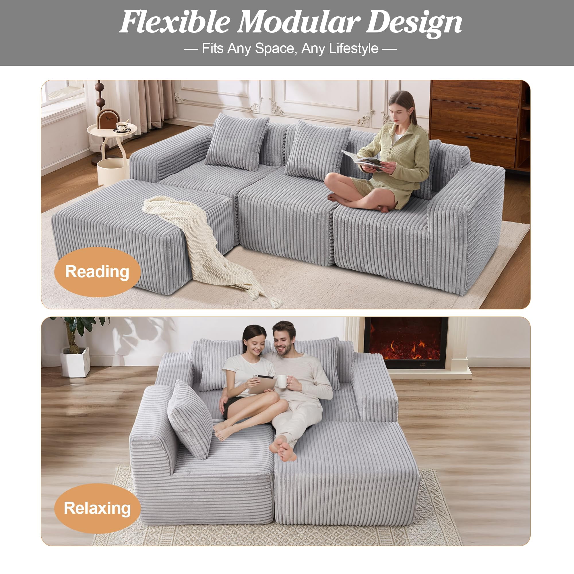 Upholstered Cloud Couch, Modern Minimalist Corduroy Couches for Living Room, Foam-Filled Compressed Sofa,No Assembly Required