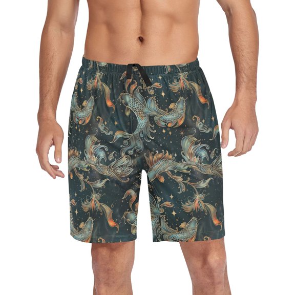 Men's Pajama Shorts Bottoms with Pockets Soft Lightweight Lounge Sleep Wear Fishes and Star