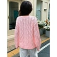 thumbnail image 4 of Women Long Sleeve Sweater Fall Ribbed Knit Pullover Loose Crewneck Cable Sweater Jumper Tops Pink L, 4 of 7