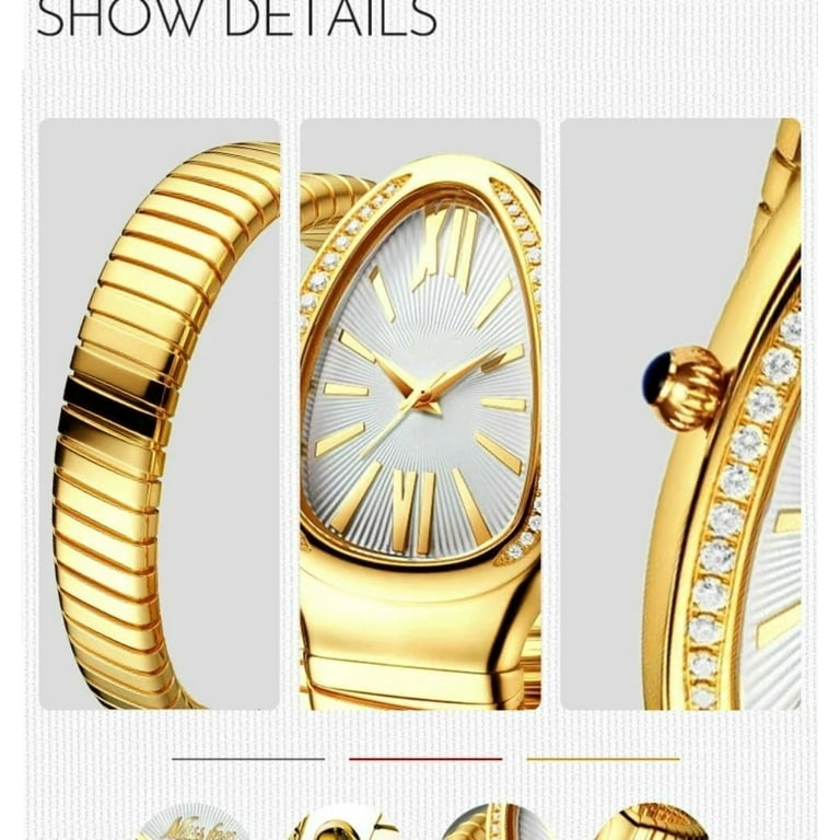 Diamond Quartz Gold Watch Women Snake Design Three Loop  display picture 3