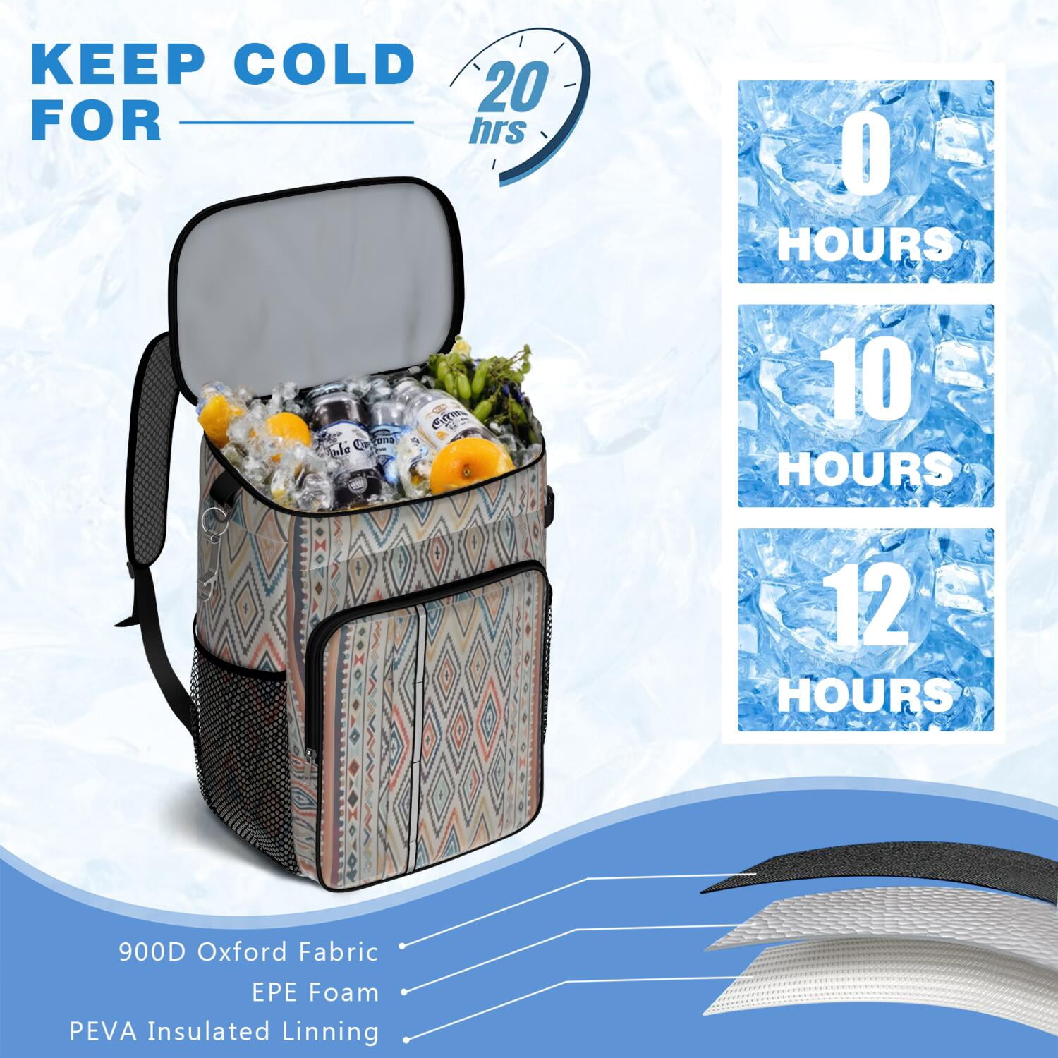 Travel Cooler Bag - Boho Bohemia Pioneer Flower Geometric Line Art Camping Beer Cooler Backpack with Bottle Opener- Waterproof Insulated Picnic Backpacks - Cooler Bag for Beach