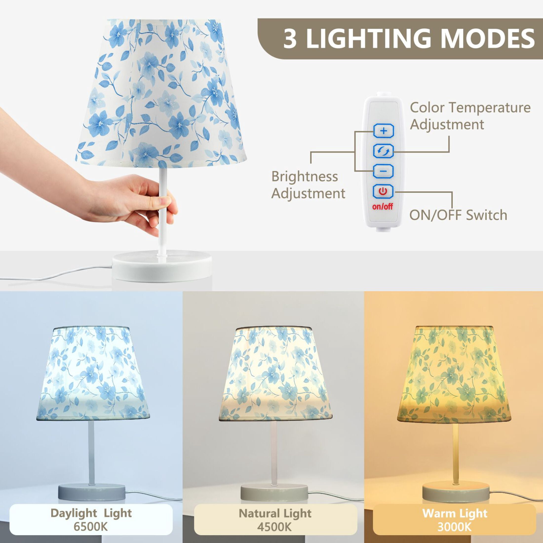 LED Desk Lamp Blue Flower and Leaf Table Nightstand Lamps with 3 Color Temperatures for Home Bedroom Living Room Decor 6x11