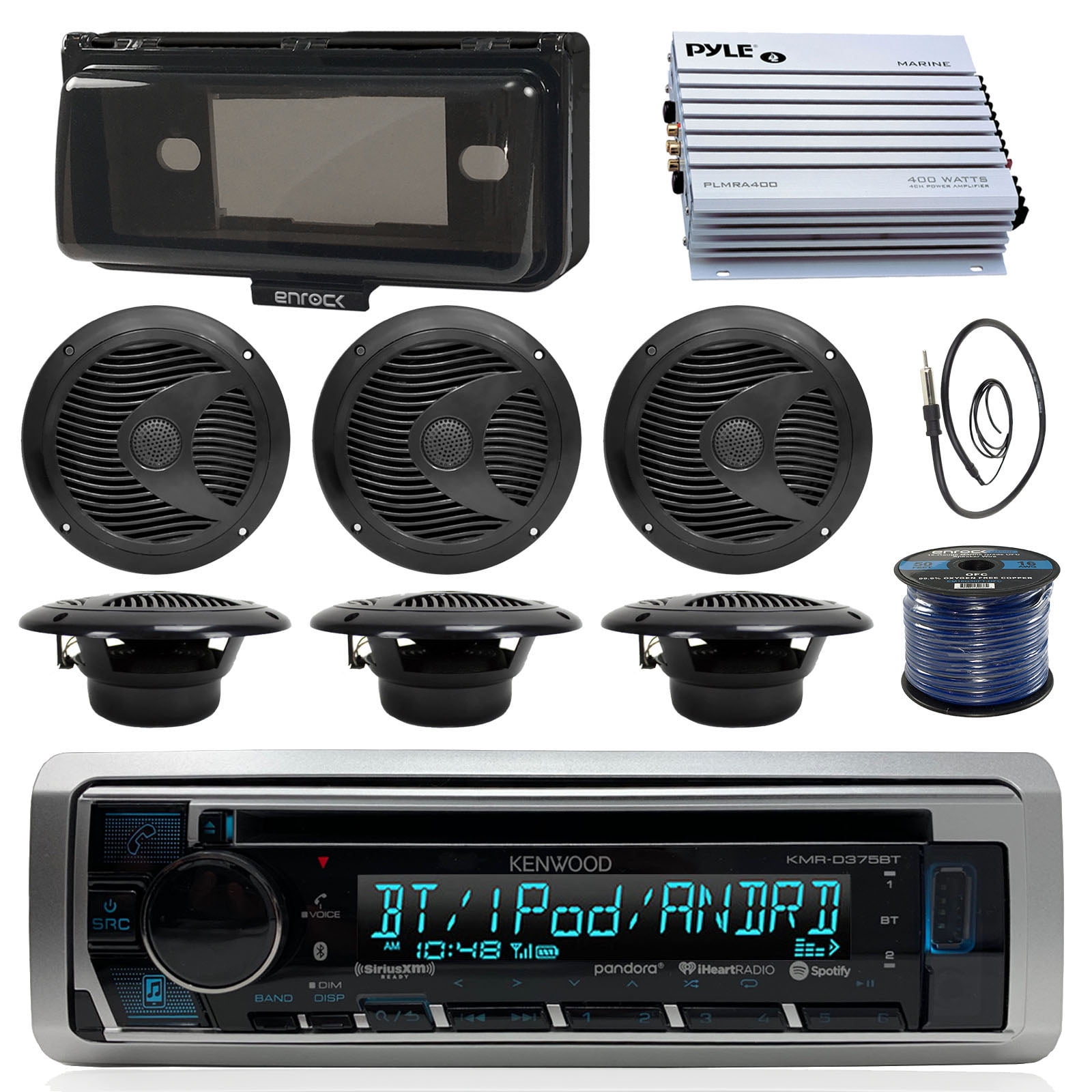 Kenwood KMRD375BT Marine Boat Audio Bluetooth CD Player Receiver W/ Protective Cover - Bundle Combo With 6x Black 6-1/2'' 150W Waterproof Stereo Speakers + Enrock Antenna + 400W Amplifier + 50-FT Wire