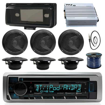 Kenwood KMRD375BT Marine Boat Audio Bluetooth CD Player Receiver W/ Protective Cover - Bundle Combo With 6x Black 6-1/2'' 150W Waterproof Stereo Speakers + Enrock Antenna + 400W Amplifier + 50-FT (Best Boat Stereo Speakers)