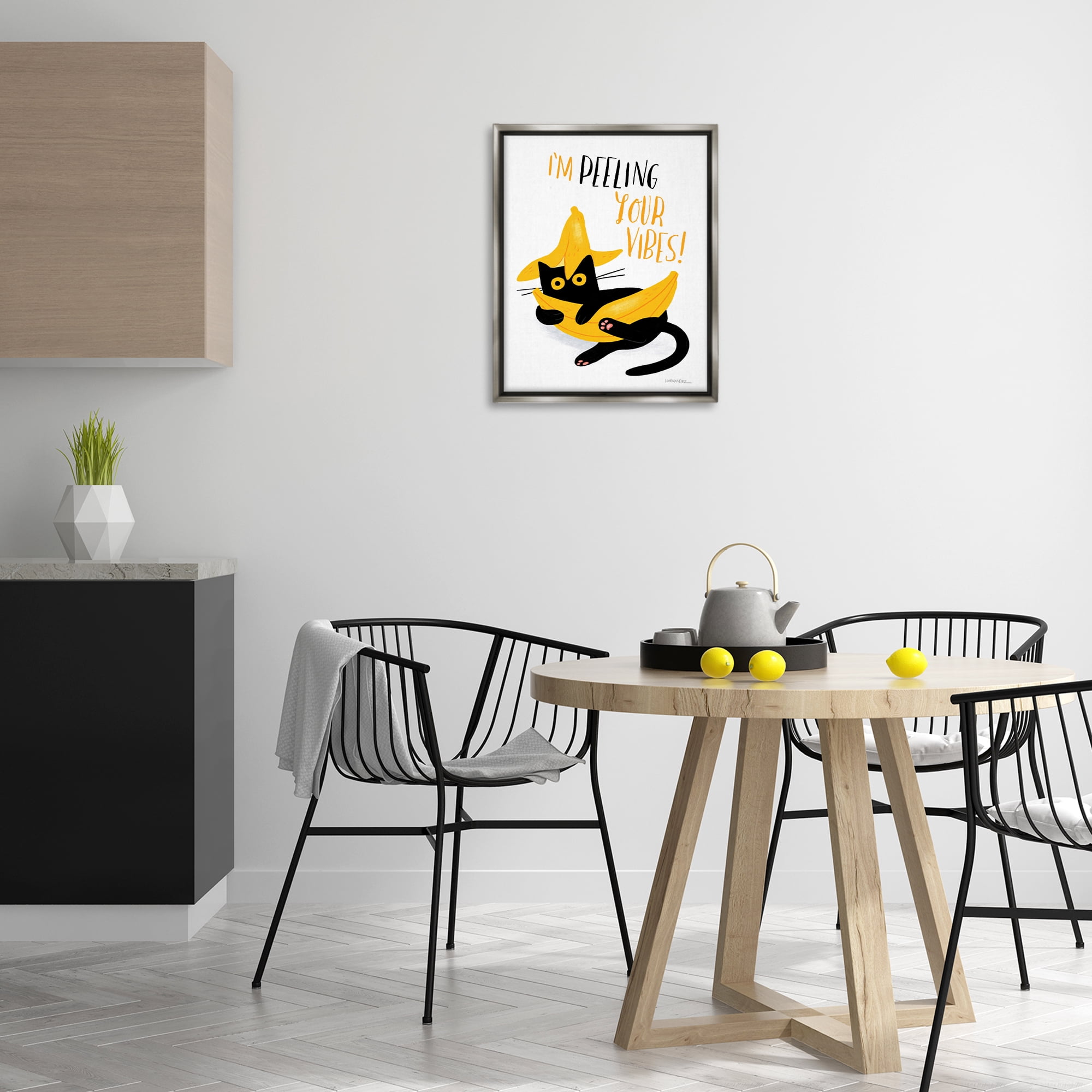 Stupell Industries Peeling Your Vibes Cat Animals Painting Gray Floater Framed Canvas Art Print Wall Art, 17 x 21