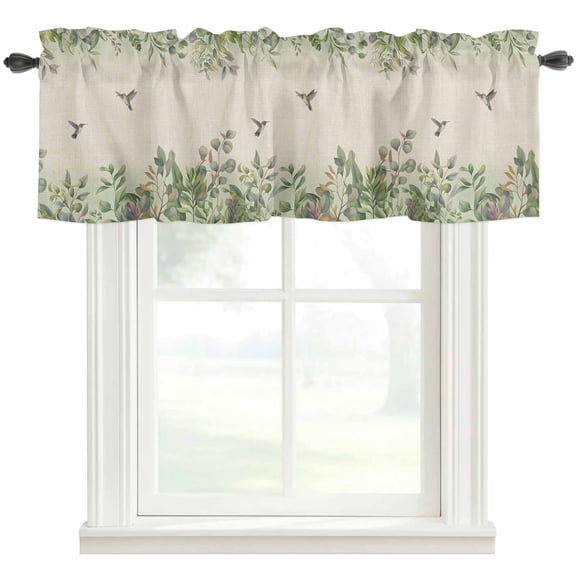 Hummingbird Farmhouse Short Window Curtain Valances, Sage Green Botanical Leaf Vintage Botanical Rod Pocket Kitchen Valances for Living Room Bedroom Bathroom Cafe 60" x 18"