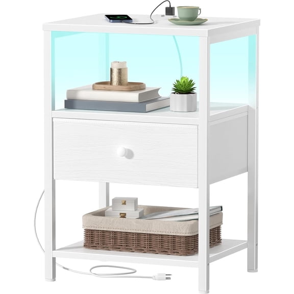 White nightstand with charging station, LED nightstand with fabric drawers and shelves