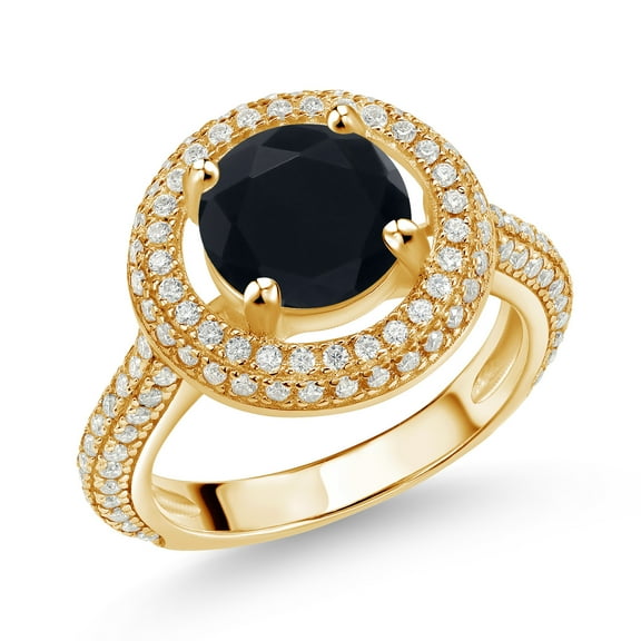 Gem Stone King 18K Yellow Gold Plated Silver Round Black Onyx and White Moissanite Women Ring | 2.32 Cttw | Gemstone Birthstone | Wedding Engagement Anniversary Promise Ring for Women | Size 9