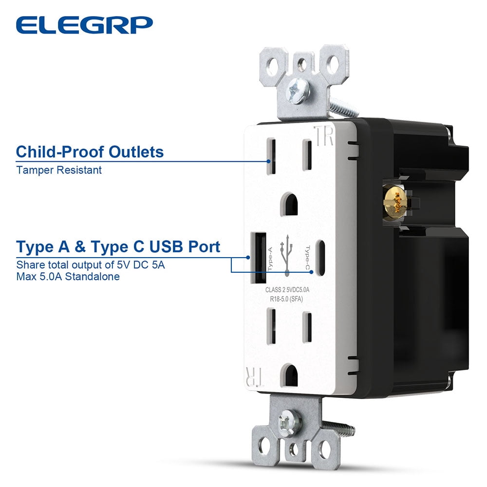 ELEGRP USB Outlets Receptacles, USB C Wall Outlet, 25W 5.0 Amp High Speed Charging USB Electrical Outlet, 15 Amp Tamper-Resistant Outlet with USB C Ports, UL Listed, Wall Plate Included