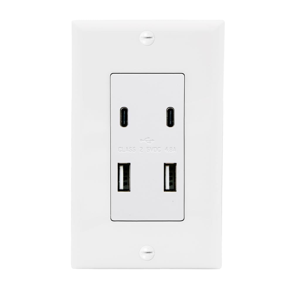 Maxxima 4 Port 4.8A USB TypeC / A Wall Outlet, Vertical Charging Ports, Wall Plate Included