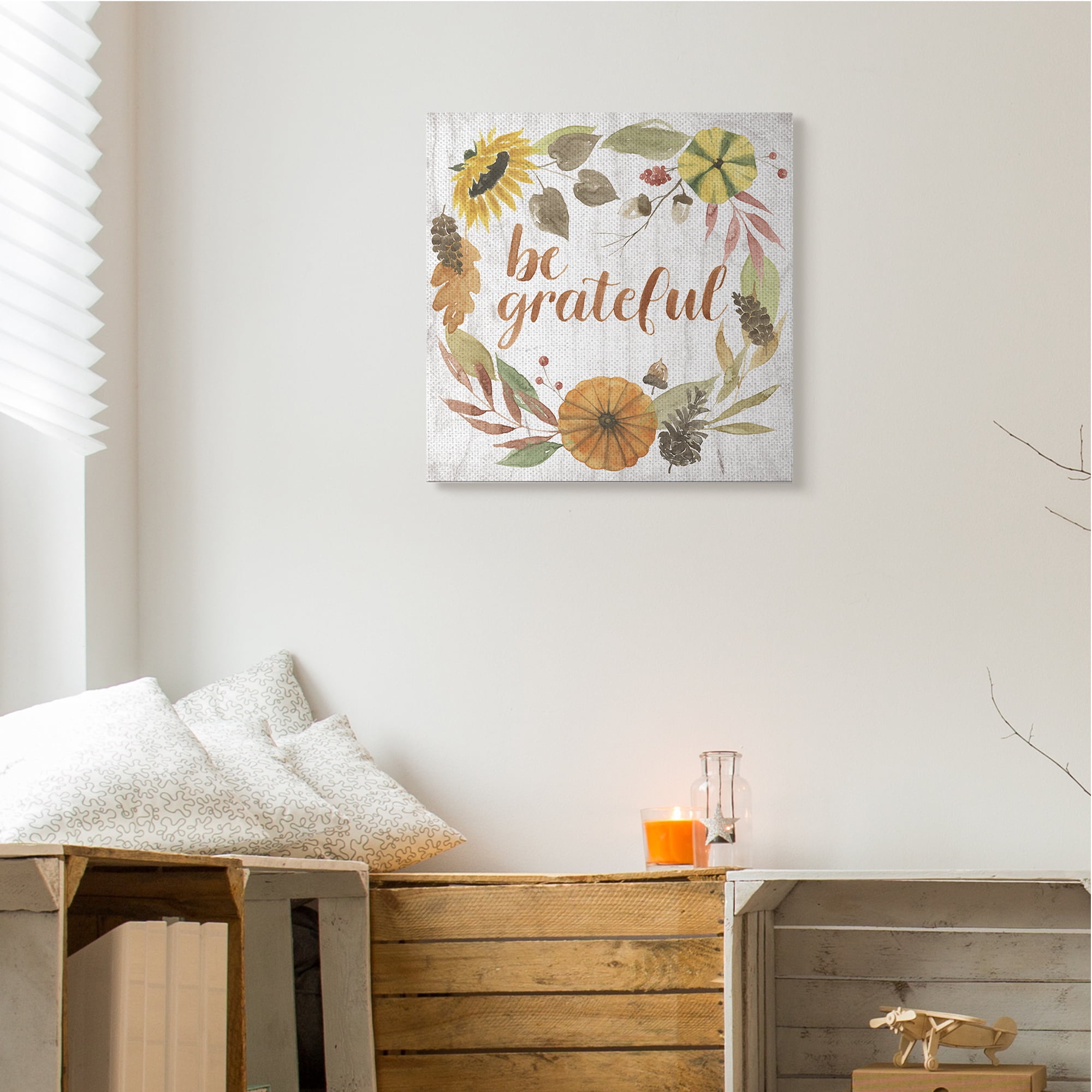 Stupell Industries Be Thankful Whimsical Text Autumn Foliage Inspirational Painting Gallery Wrapped Canvas Art Print Wall Art, 24 x 24