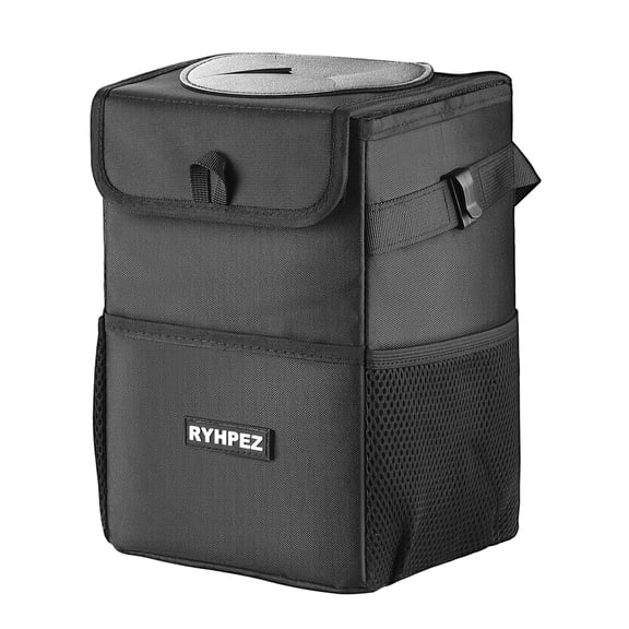 Mikhai Car Trash Can with Lid and Storage Pockets - Leak-Proof Organizer, Waterproof Car Accessories, Multipurpose Car Garbage Can, 2 Gallons, Black