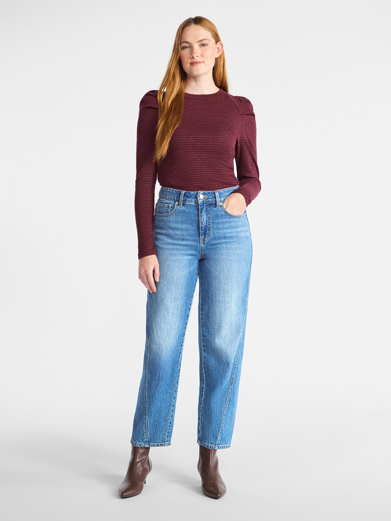 Time and Tru Women's Top with Long Puff Sleeves, Size XS-XXXL