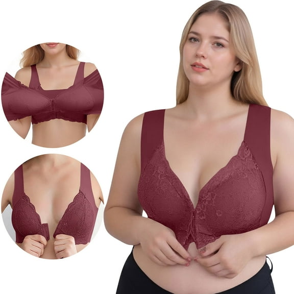 EchfiProm Plus Size Bras for Women Front Closure Bralette Wireless Red Ladies Bras Older Women 44BCDE