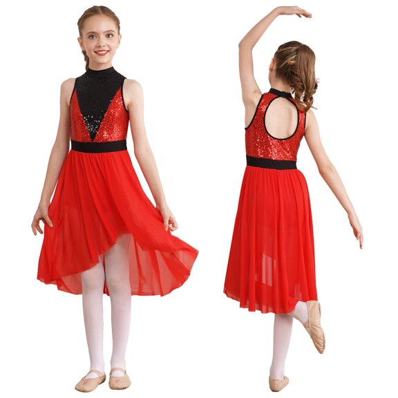 YONGHS Girls Gymnastics Ballet Lyrical Folk Dance Dress Sequin Bodice High-Low Mesh Skirt Leotards Red 10