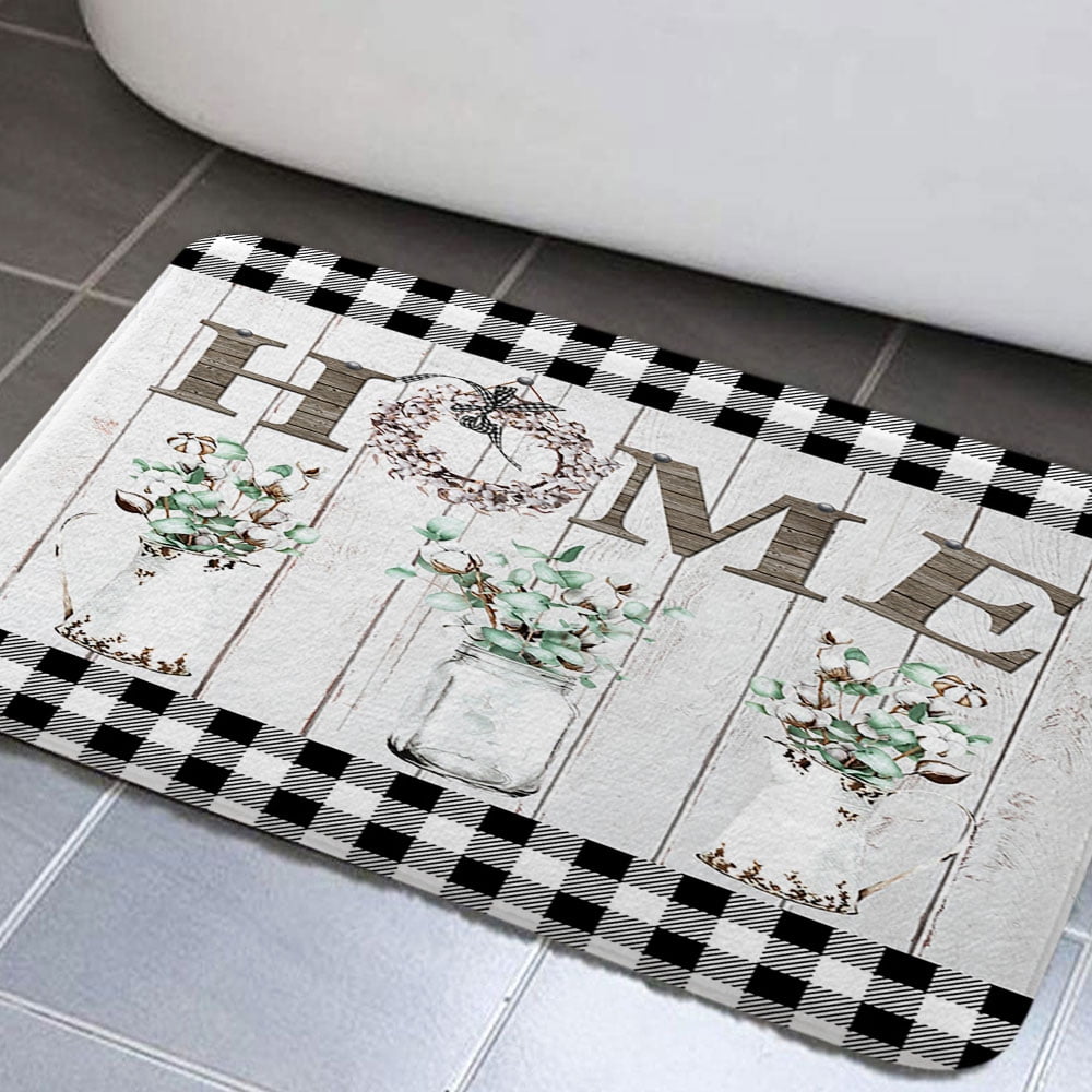 Farmhouse Floral Bathroom Rug Mat, Cotton Flower in Gray Mason Jar