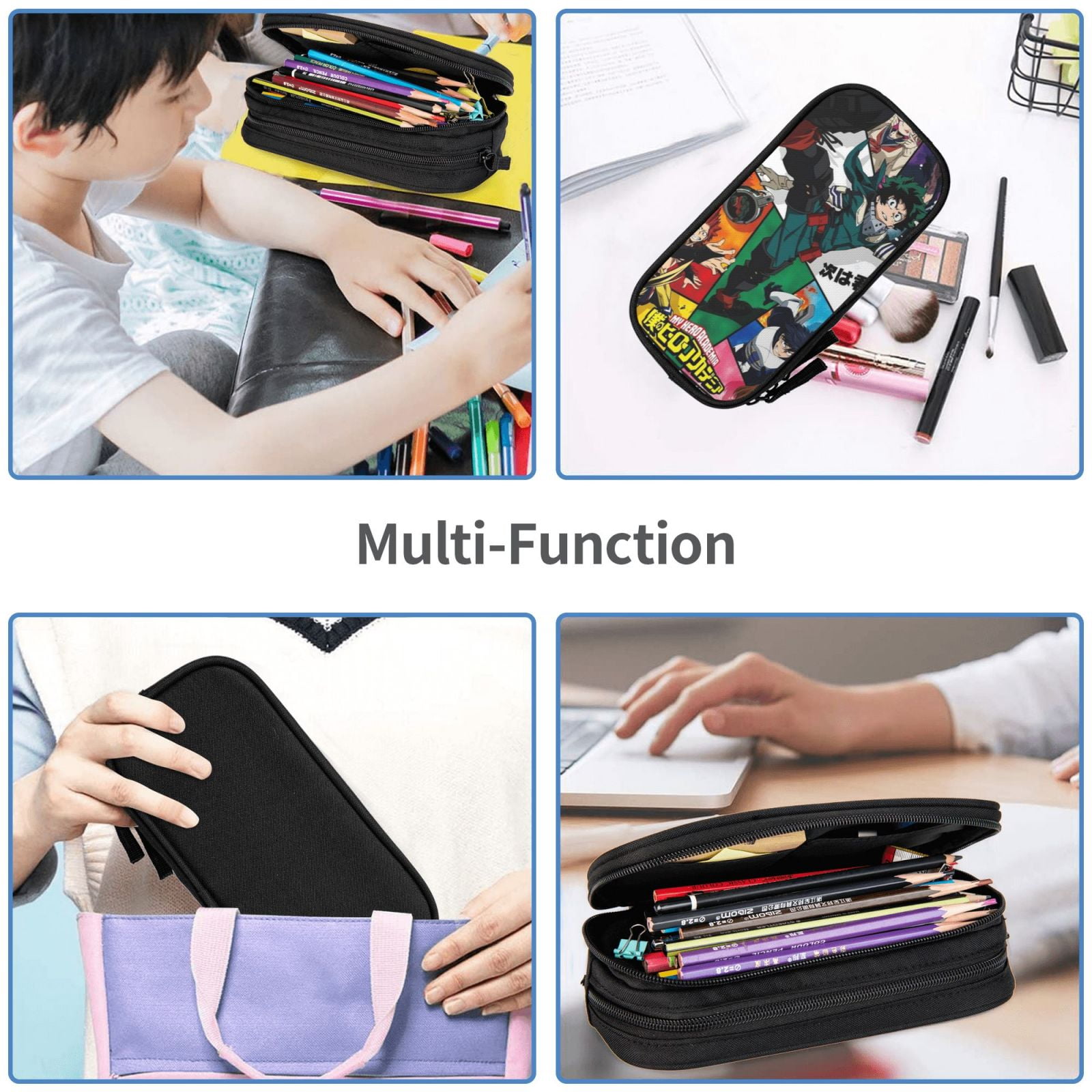 My Hero Academia Pencil Case Large Capacity Pencil Pouch Pen Bag Office Stationery Organizer Travel Makeup Bag Black