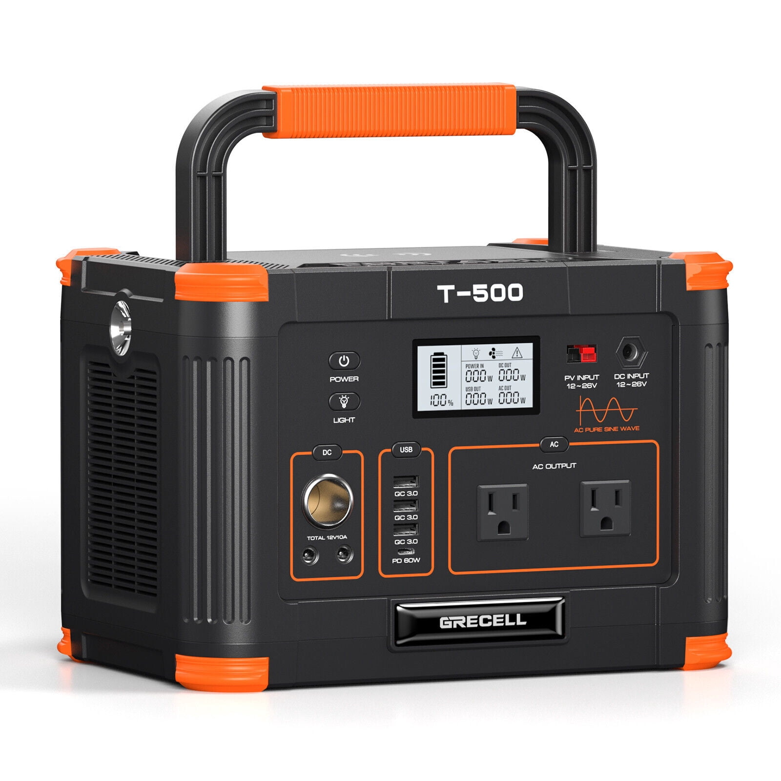 GRECELL Portable Power Station 500W 519Wh 140400mAh Solar Generator Backup Lithium Battery Pack Supply 2 AC Outlets PD 60W USB C bank Outdoor RV Camp