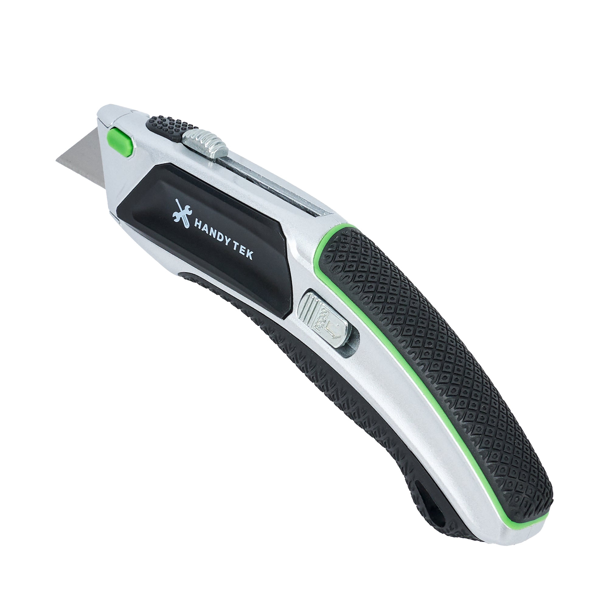 Restaurantware-Handy Tek Auto Loading Utility Knives, 6 Retractable Box Cutters - Includes 30 Sharp Blades, 19mm Wide, Silver Zinc Quick Change Blade Razor Knives, With 4-Position Locking, Soft Grip