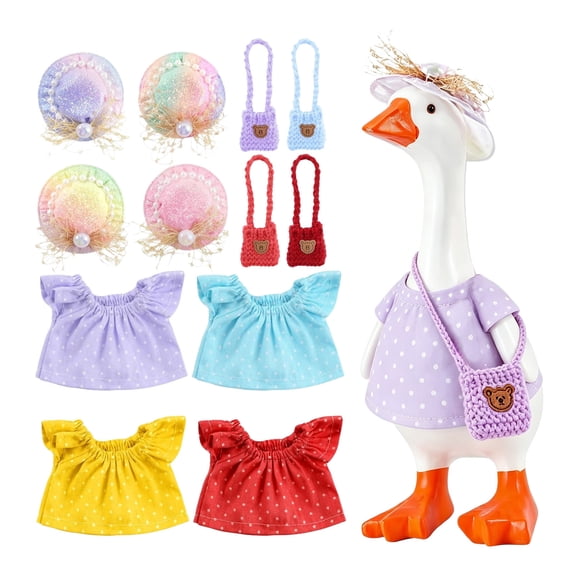 ZhangC 7 Inch Mini Desk Goose Outfits, 4Pcs Summer Dress with Bag and Hat, Magnetic Desktop Goose Key Holder Birthday Party Dress for Mini Porch Goose Decorative