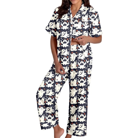 Cute Pajamas Pumpkin‑print Short‑sleeve Button‑top And Wide‑leg Pants Nightwear Lounge Sets for Women XL White