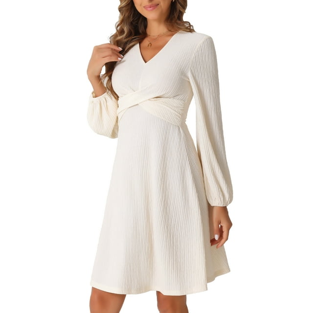 Vestido Midi A-Line Inspire Chic para Mujer, Vestido de Cuello en V Texturizado con Cruce, Talla XL, Beige