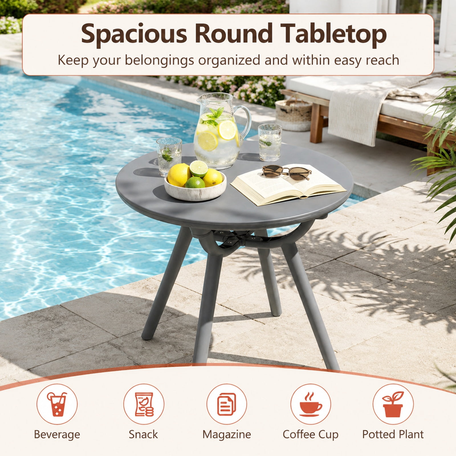 Furnibear Outdoor Round Patio Storage Side Table Set of 2 with Weatherproof PP and ABS Build for Poolside Backyard Balcony and Deck, Gray