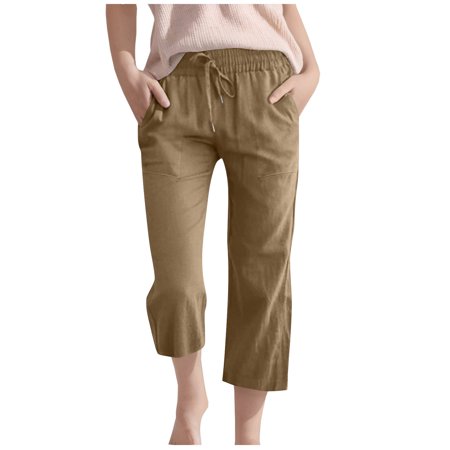 DeHolifer Girls Capris Pants Cotton Linen Elastic Drawstring Solid Color Loungewear Straight Leg Capris Pants with Pocket 12Years