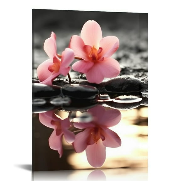 JRXY Black White Grey Pink Orchids Picture Canvas Prints Beautiful Elegant Flowers Zen Stone Wall Art for Modern Home Bedroom Office Bathroom Decoration 12x16 in
